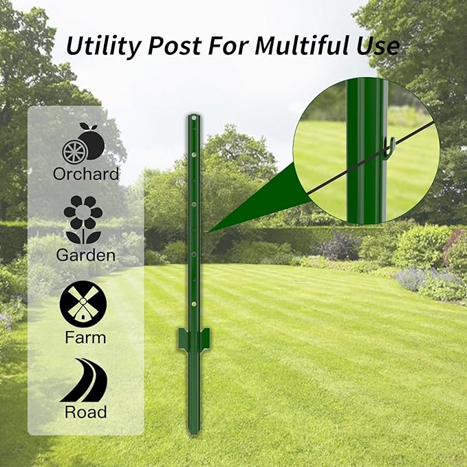 Fence Posts 5 Feet, Pack of 5, 3-4-5-6-7Ft Heavy Duty Garden Metal Steel Fence Post with U-Channel, No Dig Steel U Post Fencing for Lawn, Garden