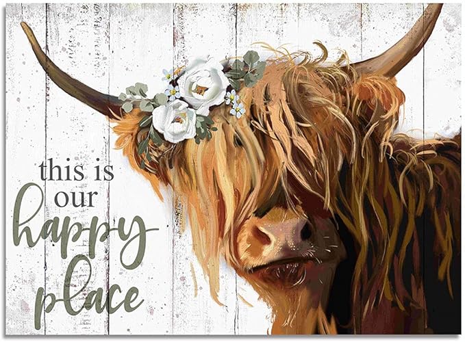 Highland Cow Wall Art - This Is Our Happy Place Inspirational Canvas Poster for Home - Long Haired Scottish Cow with White Flower Picture Farmhouse Kitchen Decor Framed (10"x15")