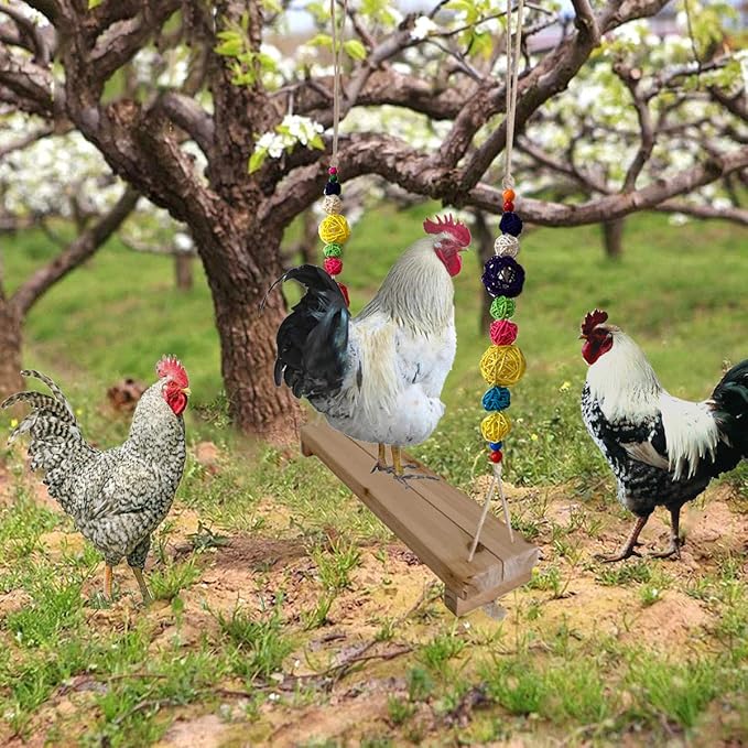 Vehomy Chicken Swing and Perch - Handmade Wood Stand Coop Toy for Hens - Accessories Ladder for Poultry Run - Large Bird Parrot Hen Macaw Rooster Chick Toy