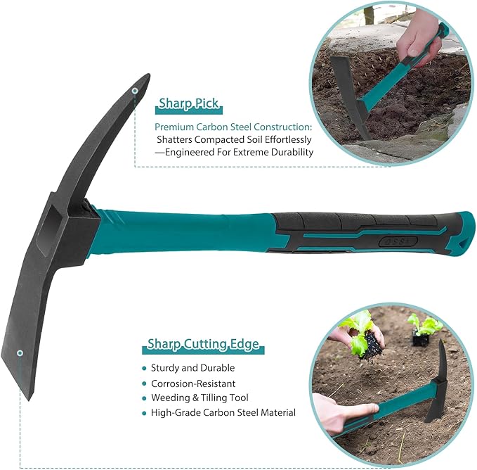 2pcs Pick Axes for Digging and No Installation Required Garden Hoe and Cultivator Hand Rake Garden Tool Durable and Comfortable Handle Mattock Weeding Hoe（Blue）
