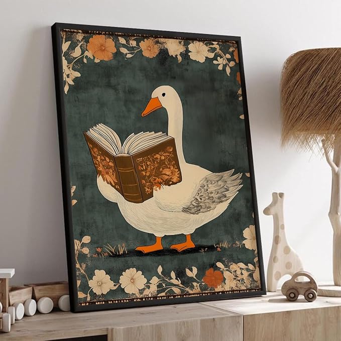 Nursery Animal Canvas Wall Art, Whimsical Goose Reading A Book Poster, Cozy Folk Art Print, Countryside Animal and Botanical Flowers Wall Painting for Kids Reading Corner 16x24in Unframed