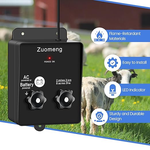 Electric Fence Energizer, Zuomeng 2-Mile 8 Acres Electric Fence Charger Powered by Battery or Power Adapter, 0.1 Joules, for Livestock, Pets, Garden & Wildlife Control