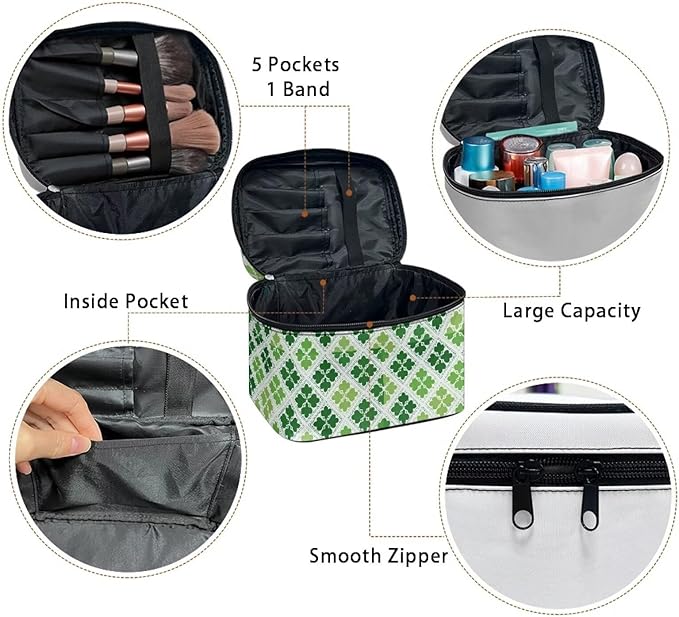 Travel Makeup Bags for Women Portable Tote Cosmetic Case with Carry Handle Toiletry Accessories Storage Organizer Bags for St. Ptrick's Day, Shamrock Grids Green