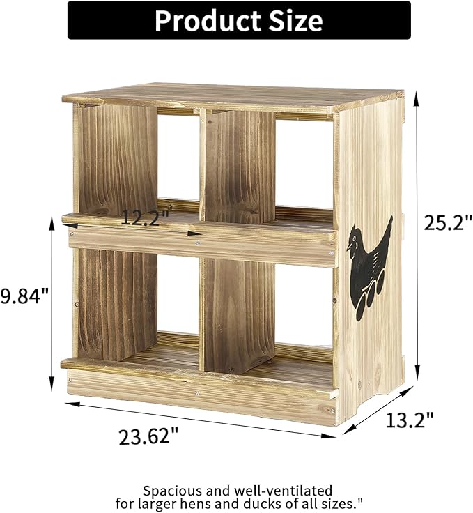 Nesting Boxes for Chickens - Wooden Chicken Nesting Box for Chicken Coop Accessories, Sturdy 4-Compartment Wall Mount Egg Laying Box for Hens, Chickens, and Ducks(Lightly Charred)