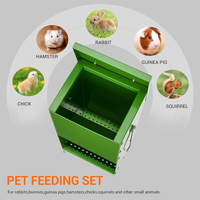 Rabbit Feeders Automatic for Cages,5 Pound Large Metal Trough Feeder with Lid Galvanized Steel Outdoor Bunny Food Dispenser for Rabbits Chicken Guinea Pig Pet and Other Small Animals Green