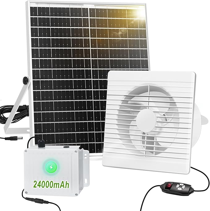 Solar Fan with Battery Day & Night Work Fans, 25W 9.8" Solar Powered Fan for Chicken Coop with 24000mAh Battery, Outdoor Waterproof Greenhouse Solar Exhaust Fan for Shed, Coop, Pet Houses, Ventilation