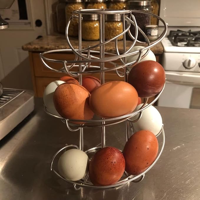 Egg Skelter Deluxe Modern Spiraling Dispenser Rack - Chrome Plated Freestanding Wire Chicken Egg Storage Organizer Display Holder Basket for Countertop Kitchen, Silver