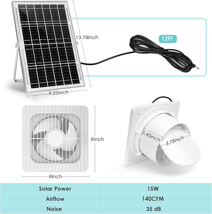 Solar Powered Exhaust Fan, 15W Solar Panel with 6" Brushless Fan for Shed Ventilation, Solar Fans for Outside, Greenhouse, Home, Chicken Coop, Outdoor