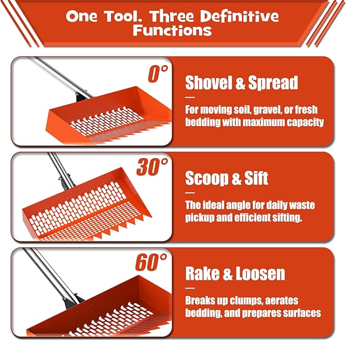 Chicken Poop Scooper & Rake 2-in-1 – 12 Inch Shovel Head & 3-Angle Adjustable 304 Stainless Steel Handle, Chicken Litter Scoop and Coop Rake & Sand Sifting Shovel for Chicken Coops, Orange