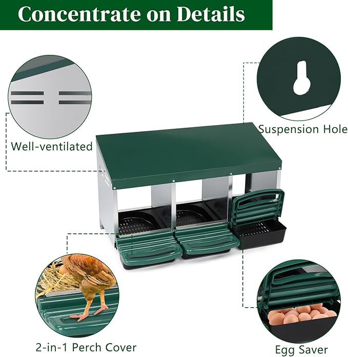 Chicken Nesting Boxes Plastic,3 Compartment Roll Out Chicken Nest Box Egg Laying Box w/Lid Cover,Egg Collection & Protection Chicken Coop for Up to 3 Hens,Chicken Cage Supplies for Poultry Farm,Green