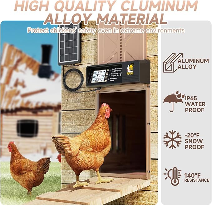 FAKI Automatic Chicken Coop Door Solar Powered with Timer Light Sensor, 2000mAh Battery and 4 Modes, Anti-Pin Brown.