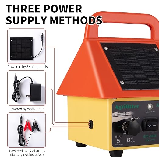 24 Hour Solar Electric Fence Charger,3-in-1 Electric Fence Charger,20 Miles,Solar/BatteryAC Powered Waterproof Design for Livestock Wildlife Control & Property Protection