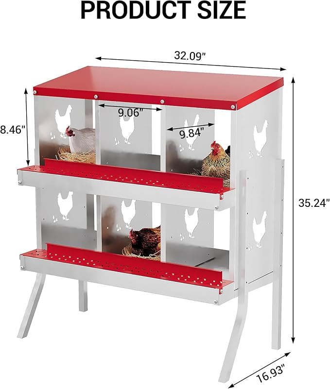 6 Hole Chicken Nesting Box, Galvanized Steel Nesting Boxes with Vented Design, Laying Nesting Boxes for Hens, Wall Mount, Red with Stand
