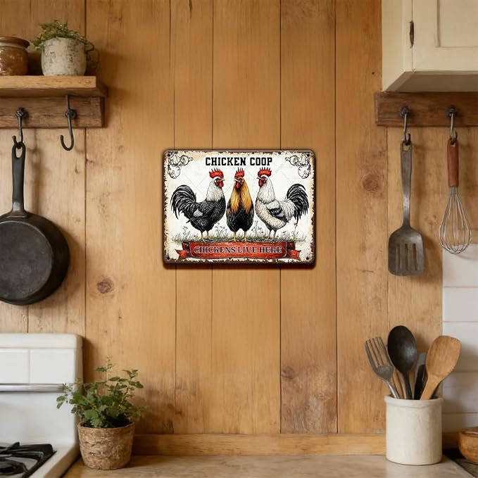 Funny Metal Tin Sign Chicken Coop Chickens Live Here Decoe for Farm Kitchen Garden Gift Metal Wall Art Rooster Hen Indoors or Outdoors 12x8 Inch