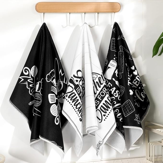 6 Pcs Kitchen Towels Decorative Set Chicken Rooster Dish Hand Towels Farmhouse Funny Quotes Chef Prints Tea Cloths for Home Bathroom Kitchen Decor Gifts(Black, White,Utensils)