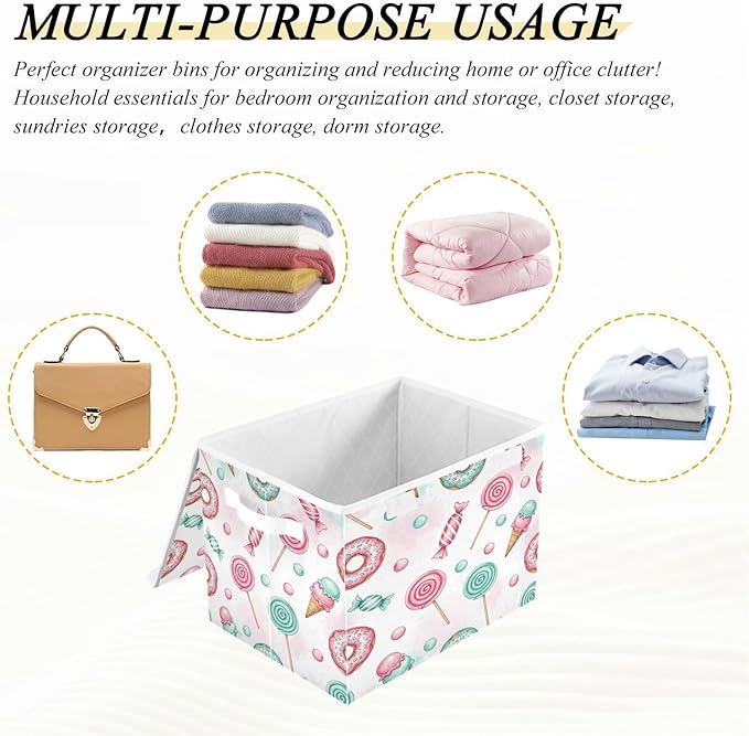 Candy Donuts Lollipops Storage Bins with LidsIce Cream Sweets Foldable Storage Basket with Handles Collapsible Large Fabric Organizer Containers for Clothes Shelves Closet Office Home