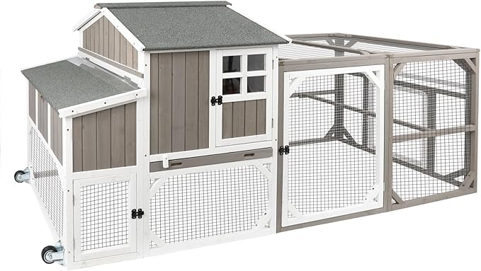 Chicken Coop Mobile Wooden Hen House with Nesting Box,95.3" L Outdoor Chicken House with Wheels and Removable Tray,Fir Wood Chicken Tractor with 6 Ventilation Door and Ramp-Grey