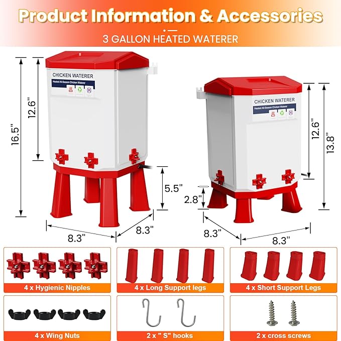 Nexum Heated Chicken Waterer - 3 Gallon Winter-Proof Poultry Drinker with Nipples and Stand, Auto Thermostat for Chickens, Ducks & Quail - Freeze-Resistant, Easy Fill (Red, 3 Gallon)