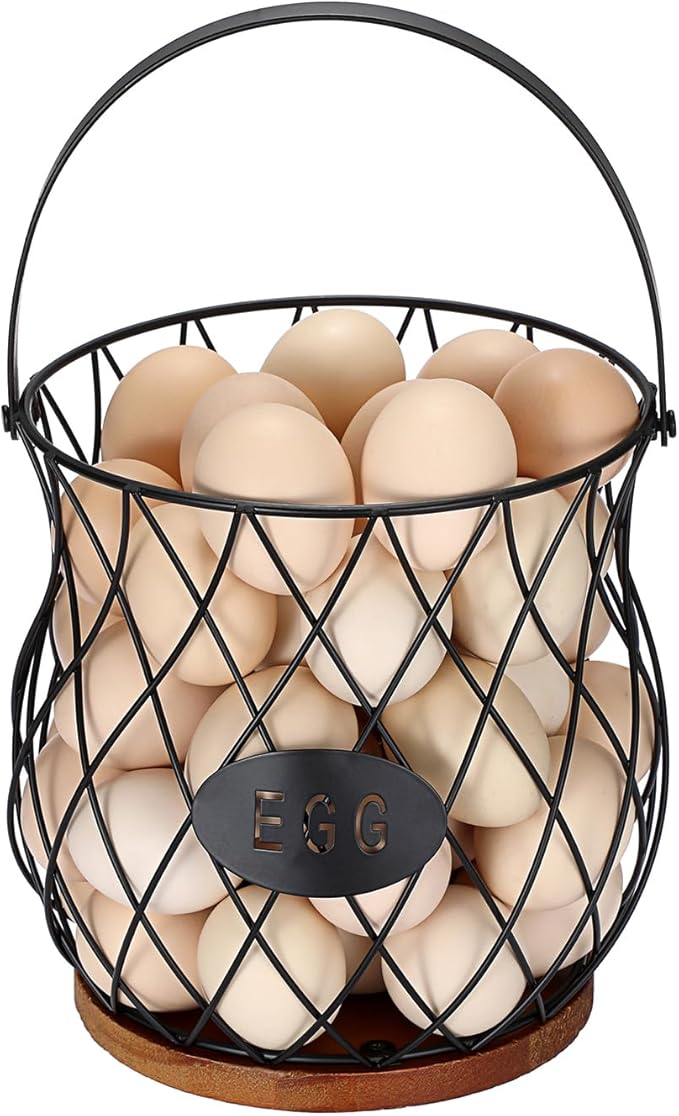 Chicken Egg Basket With Handle, Egg Baskets for Gathering Fresh Eggs, Wire Basket with Wooden Base for Farmhouse Coops, Round Chicken Baskets, Rustic Vintage Kitchen Decor Holder(Style 3)