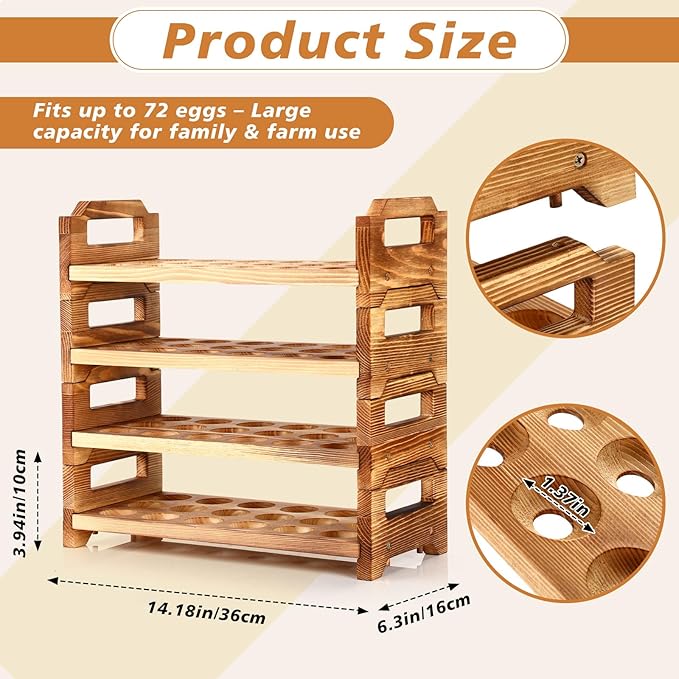 4 Tier Wooden Egg Holder for Countertop, Pine Stackable Fresh Egg Storage Farmhouse Collecting Rack for Gathering Kitchen Organizer Duck Eggs Display, Stackable with 72 Eggs(Brown)