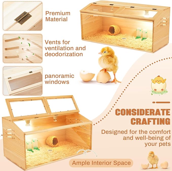 32 x 16 x 16 in Brooder Box for Chicken Quails Stand Sliding Door, Bulb Set and Feeder, Indoor Chicks Coop Brooder Box Kit, for Ducks, Hamsters, Lizards, Mice, Rat(No Legs, Wooden)