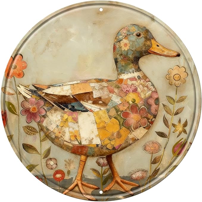 Duck Round Metal Tin Sign Wreath Farm Flowers Rustic Vintage Wall Art Decor for Garden Porch Yard Farmhouse Outdoor Decor 8x8inch