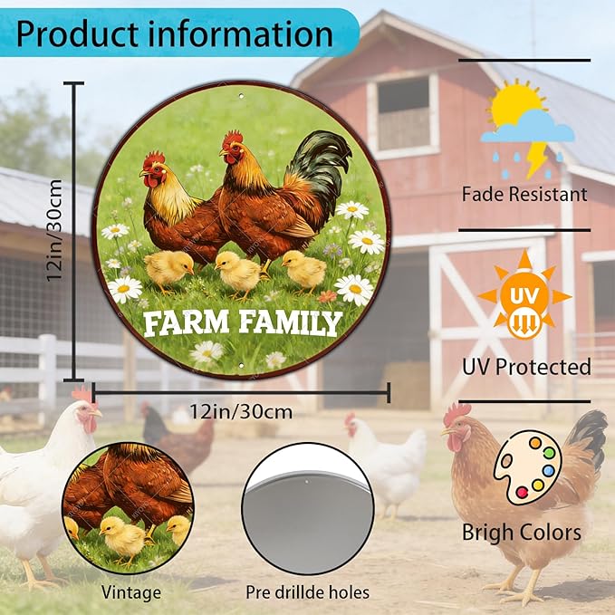 Round Vintage Chicken Metal Sign Farm Family Chicken Coop Sign Home Kitchen Coffee Wall Decor Art Poster 12 Inch