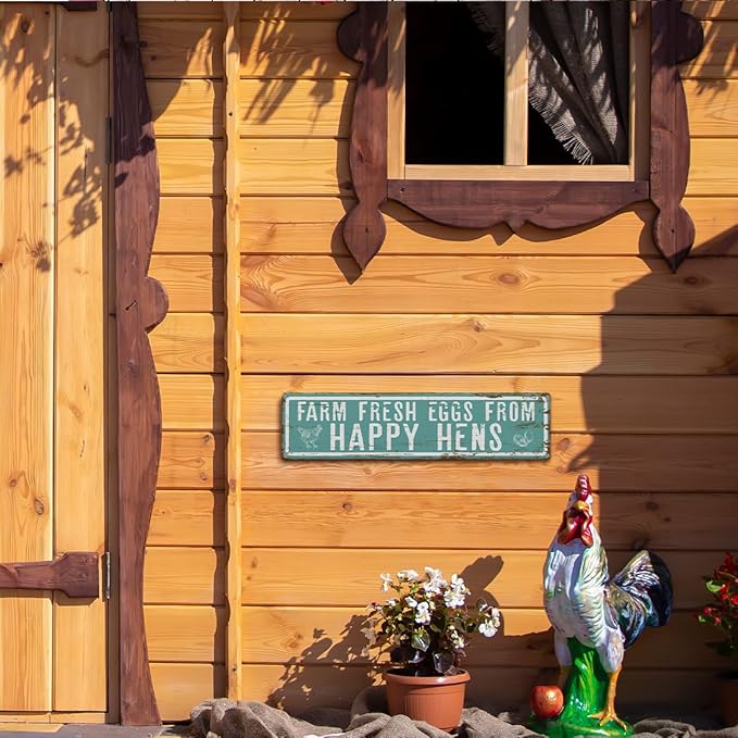 Rustic Farmhouse Style Chicken Coop Sign, Metal Egg Stand Signs, Farm Fresh Eggs from Happy Hens, Retro Metal Tin Sign, Farmhouse Decor, Backyard Hen House Gift 15.8x4 Inch