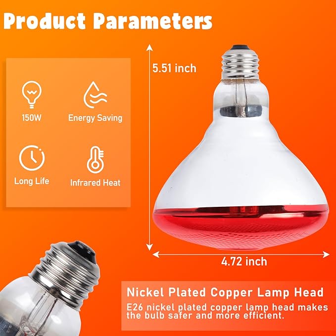 LUCKY HERP Heat Lamp Bulbs for Chickens, 150W Infrared Heat Lamp 1 Pack, Red Heat Lamp Bulbs for Reptiles, Pets, Brooder Coop and Poultry