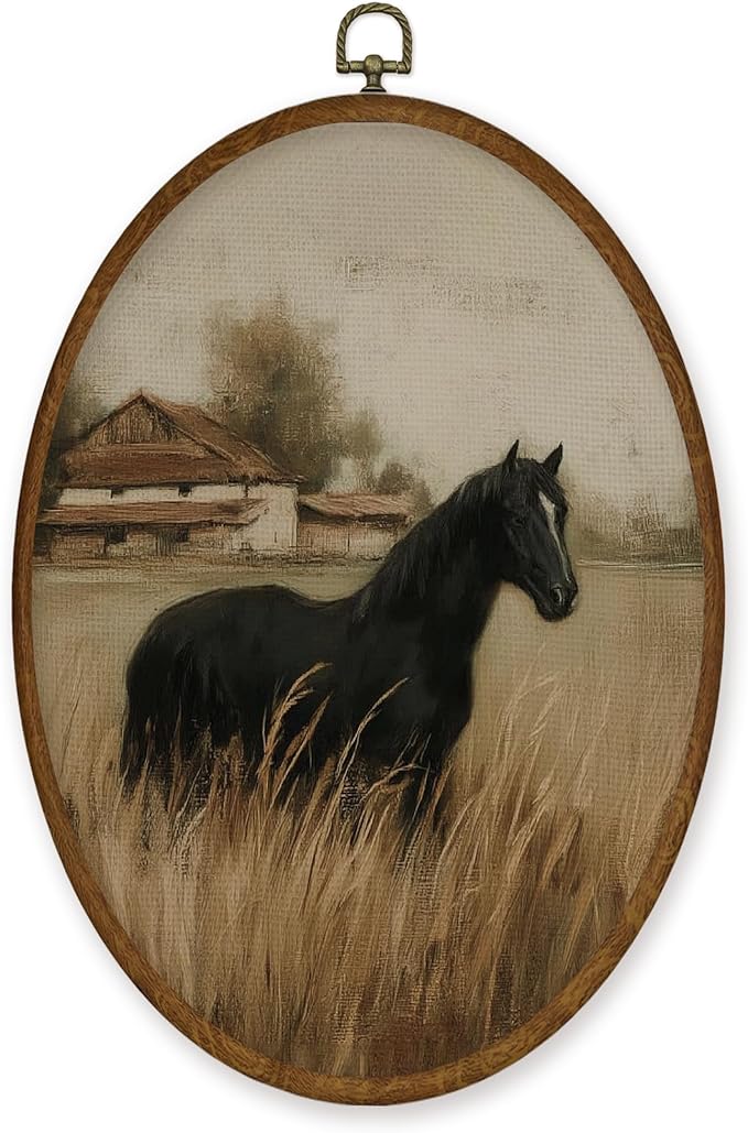 WULQYING Vintage Black Horse Wall Art Decor, Retro Rustic Cottagecore Animal Oval Framed Canvas Art Prints, Country Farmhouse Horse Wall Hanging Decor for Home Bedroom Living Room, 8.6x11.4 Inches
