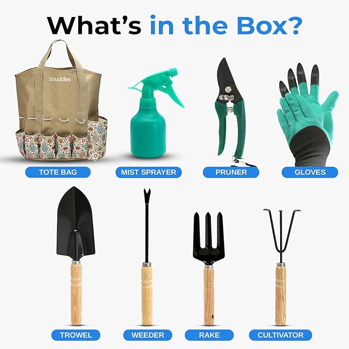 Scuddles All-in-One Gardening Tool Set with Large Storage Tote – Durable, Rust-Resistant Hand Tools with Ergonomic Grip for Digging, Weeding & Planting – Ideal Garden Gift for Women, Men & Beginners