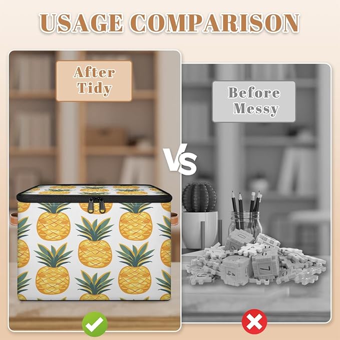 Yellow Pineapple Storage Bins With Lids Fabric Collapsible Storage Box with Leather Handles for Home Bedroom Foldable Closet Shelf Organizer