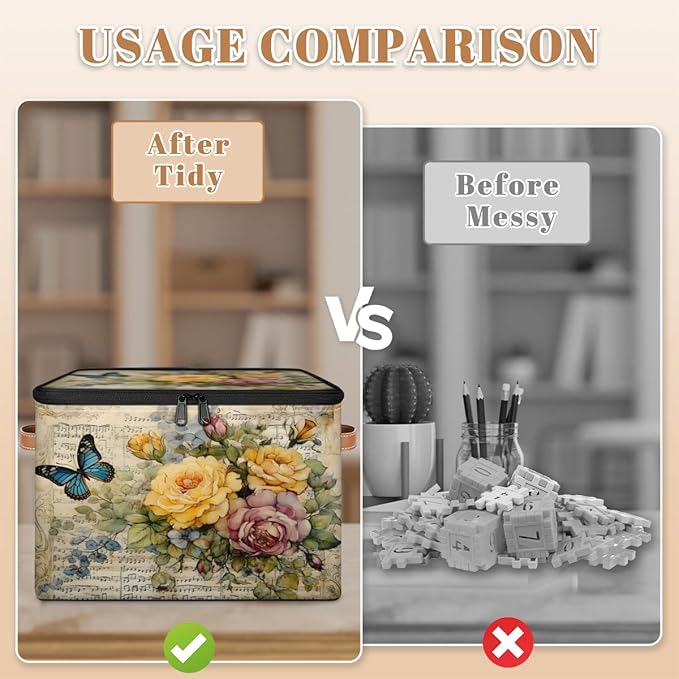 Retro Flowers Storage Bins with Lids, Watercolor Butterfly Fabric Storage Boxes with Zipper, Collapsible Decorative Closet Organizer Cube for Clothes, Organizing, Shelves