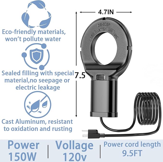 150W Chicken Water Heater with Thermostat,Cast Aluminum Submersible Bird Bath De-Icer for Plastic/Metal Poultry,Power Cord 9.8 Ft,Black