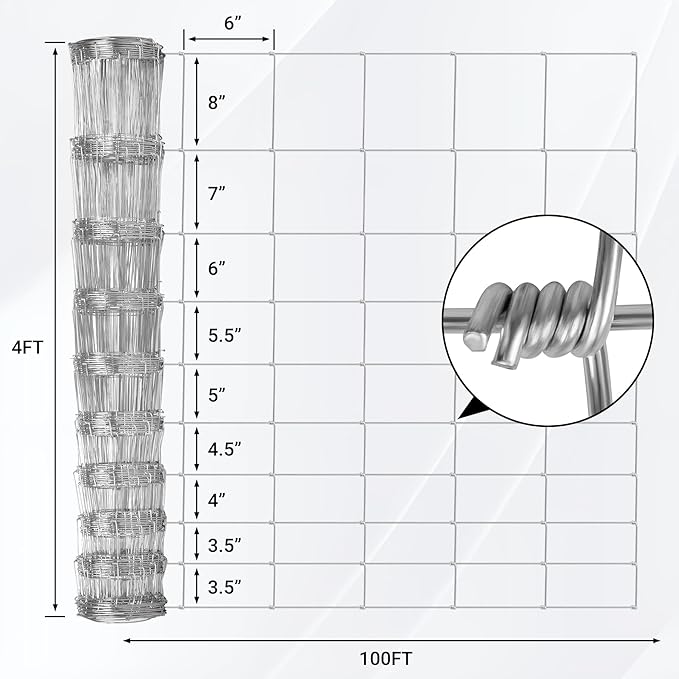 Farm Fence 4FT x 100FT, Galvanized Cattle Fence, Heavy Zinc Coating Wire Fencing, 14GA Livestock Fence, Goat Fence, Hog Wire Fencing Perfect for Pest Control, Livestock & Animals Protection