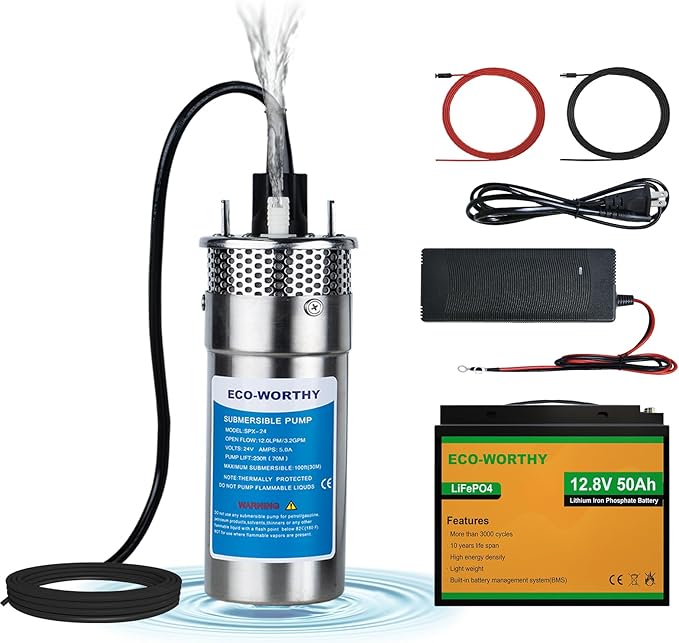 ECO-WORTHY 12V Portable Well Pump Kit with 50AH Lithium Battery and 10A Charger – Submersible DC Water Pump for Deep Well, Off-Grid, Farm, Ranch