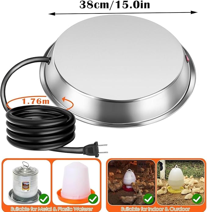 Heated Chicken Waterer Base for Winter, Outdoor Heated Chicken Poultry Bath Drinking Water, Outside Heating Poultry Feeder for Poultry Lovers (Sliver, 15in)