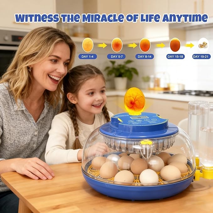 Series III - 18 Egg Smart Automatic Incubator, Full-Stage Adaptive Humidity (Dual-Bottle) & Auto Temp Control, Custom-Interval Auto Egg Turn & Auto Stop, Adjustable Incubation Days, Candler, Alarms