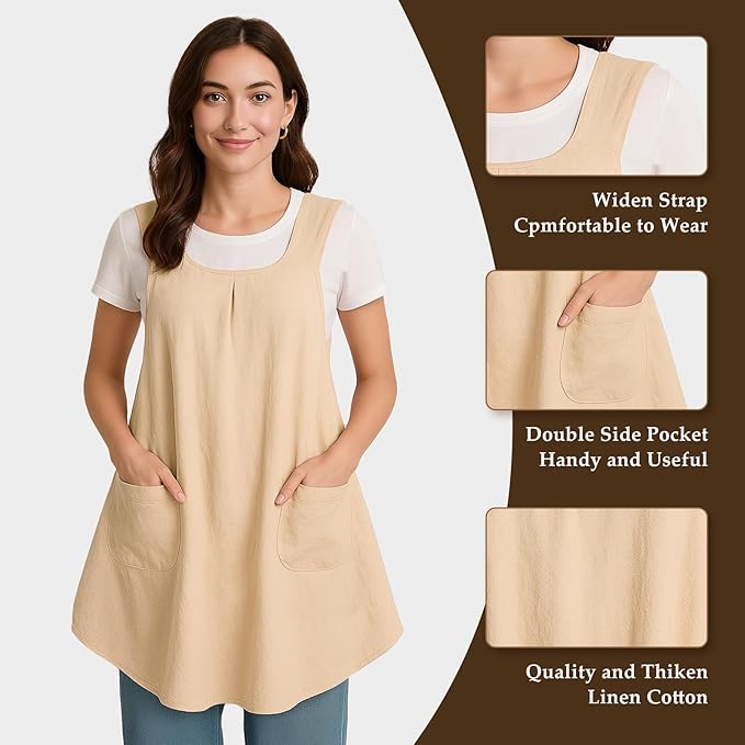 Apron for Women with Pocket Cotton Linen, Japanese Cross Back Apron for Gardening Painting