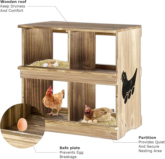Nesting Boxes for Chickens - Wooden Chicken Nesting Box for Chicken Coop Accessories, Sturdy 4-Compartment Wall Mount Egg Laying Box for Hens, Chickens, and Ducks(Lightly Charred)
