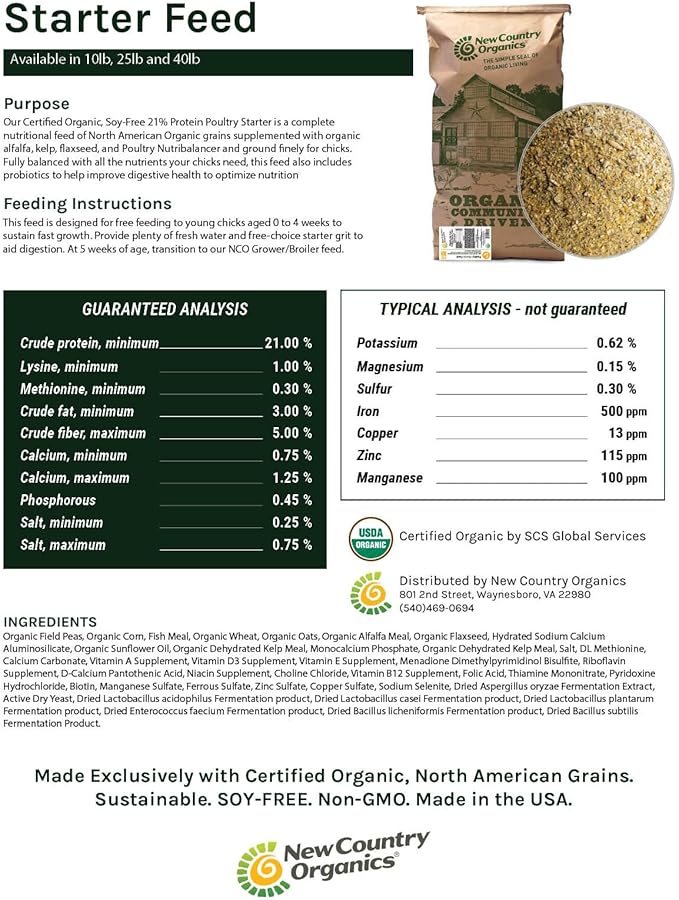 New Country Organics | Starter Feed for Baby Chicks | Soy-Free | 21% Protein | Certified Organic and Non-GMO | 10 Lbs
