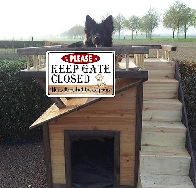 Beware of Dog Signs for Fence, Please Keep Gate Closed No Matter What The Dog Say Metal Tin Sign for Yard, Funny Rustic Home Decor, No Soliciting Pet Warning Signs 8x12 Inch