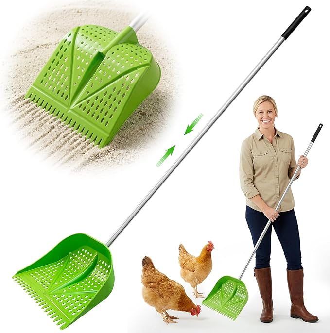 Chicken Poop Scooper & Rake 2-in-1, Adjustable Handle Length from 38" to 66", Features Manure Sifting Capability – Ideal for Chicken Coops and Farm Animal Cleaning (Green)