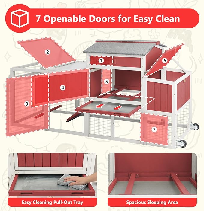 78" Wooden Chicken Coop with Nesting Box, Poultry Cage with Wheel Leak Proof Pull-on Tray and Asphalt Waterproof Roof, Hen House for Garden Backyard Farm