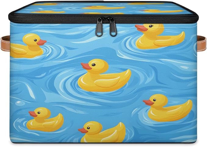 Cartoon Duck Storage Bins with Zipper Lid, Rubber Duck Lidded Storage Baskets Boxes Foldable Organizer with Leather Handles for Clothes Closet Shelf