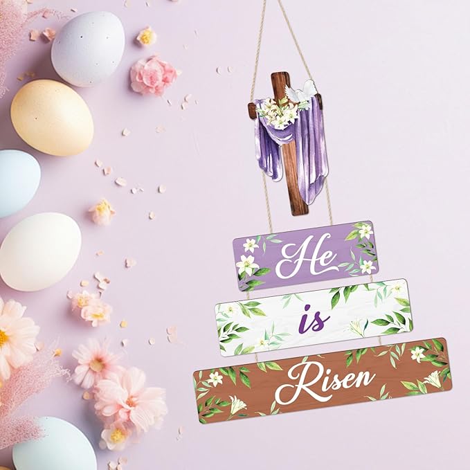 CHDITB Easter He is Risen Wooden Sign, Religious Cross Wooden Hanging Plaque, Spring Door Hanger, He is Risen sign, Faith Christian Wall Art Decor for Home Church Living Room Decoration