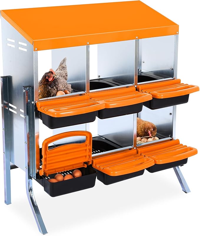 Garvee Chicken Nesting Box, 6-Hole Roll Away Egg Laying Box with Lid, Heavy-Duty Galvanized Steel Rustproof Design - Easy Egg Collection, Easy Clean (with Bracket Legs, Orange)