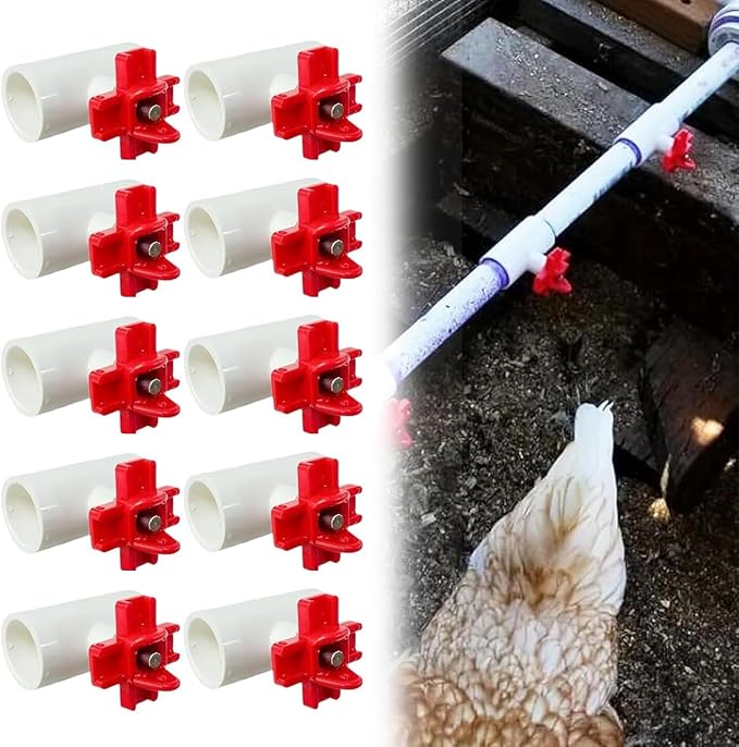 Automatic Chicken Waterer for Ducks Quail Bird Outdoor, Plastic Chicken Water Feeder Bowls Poultry Water Feeder Kit for Chicks, Duck, Goose, Turkey and Bunny (White and Red, 10 Pack)