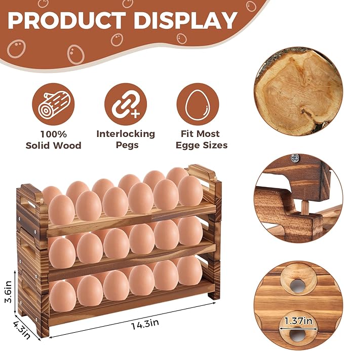 Wooden Egg Holder Countertop, 3 Layer Stackable Fresh Egg Display Storage Rack Organizer Farmhouse Egg Storage Basket with Handles Fits Duck, Turkey, Chicken Eggs