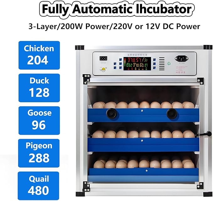 Poultry Pigeon & Game Bird Egg Incubators with Auto Turn & Smart Temp/Humidity Control & Egg Candler Poultry Hatcher Machine for Hatching Eggs Adjustable Rollers for Any Egg Size 204eggs